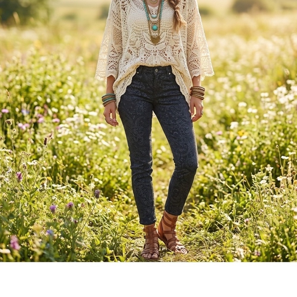 KanCan Womens Black Paisley Celestial whimsical Skinny Jeans boho whimsigoth‎ 7